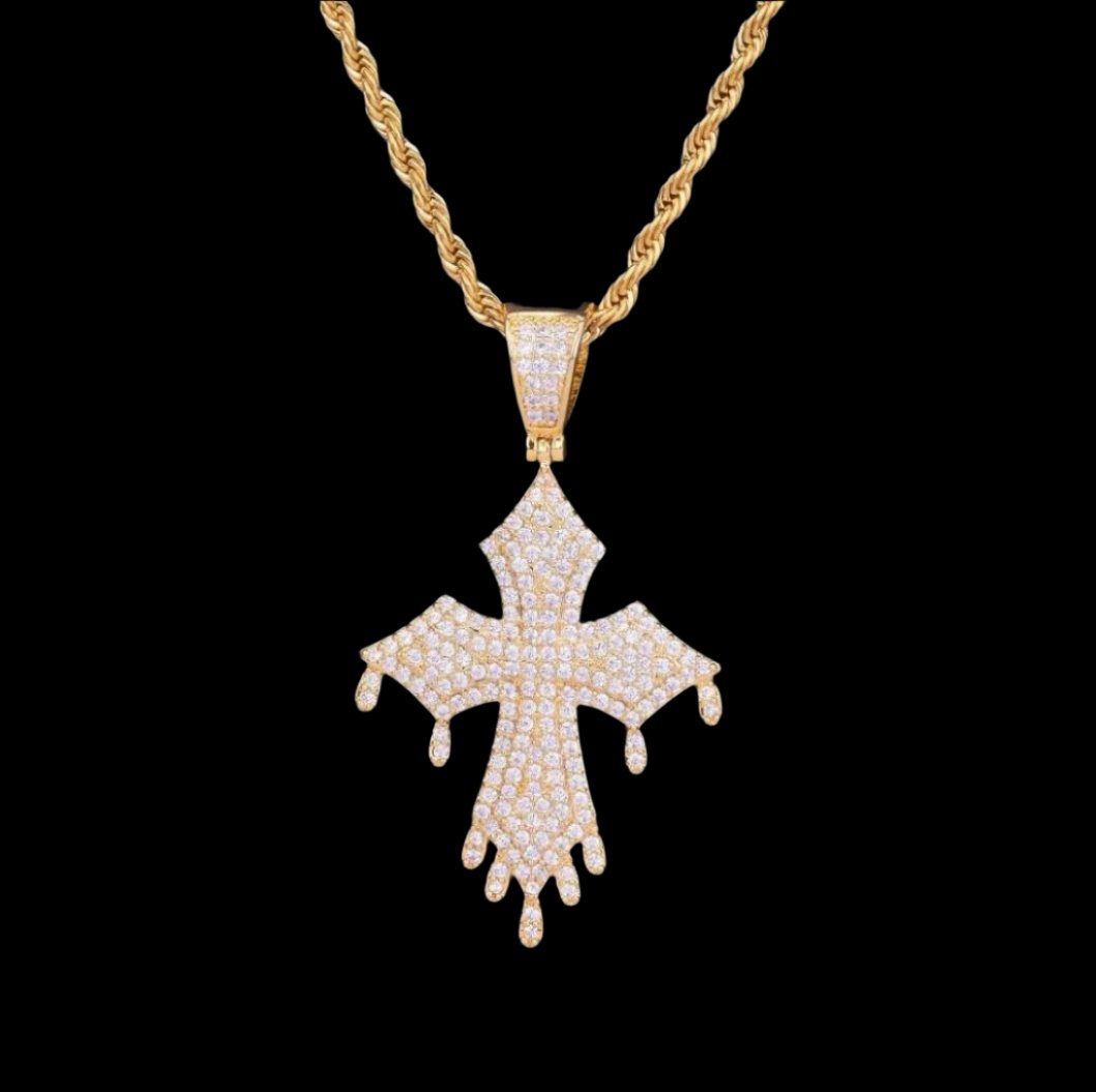18K Gold Diamond Dripping Vintage Cross Necklace