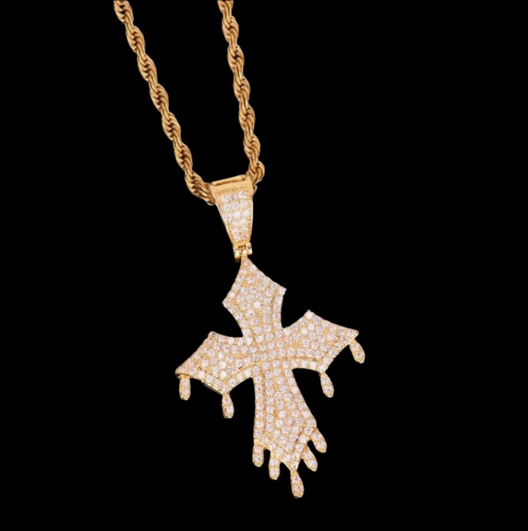 18K Gold Diamond Dripping Vintage Cross Necklace