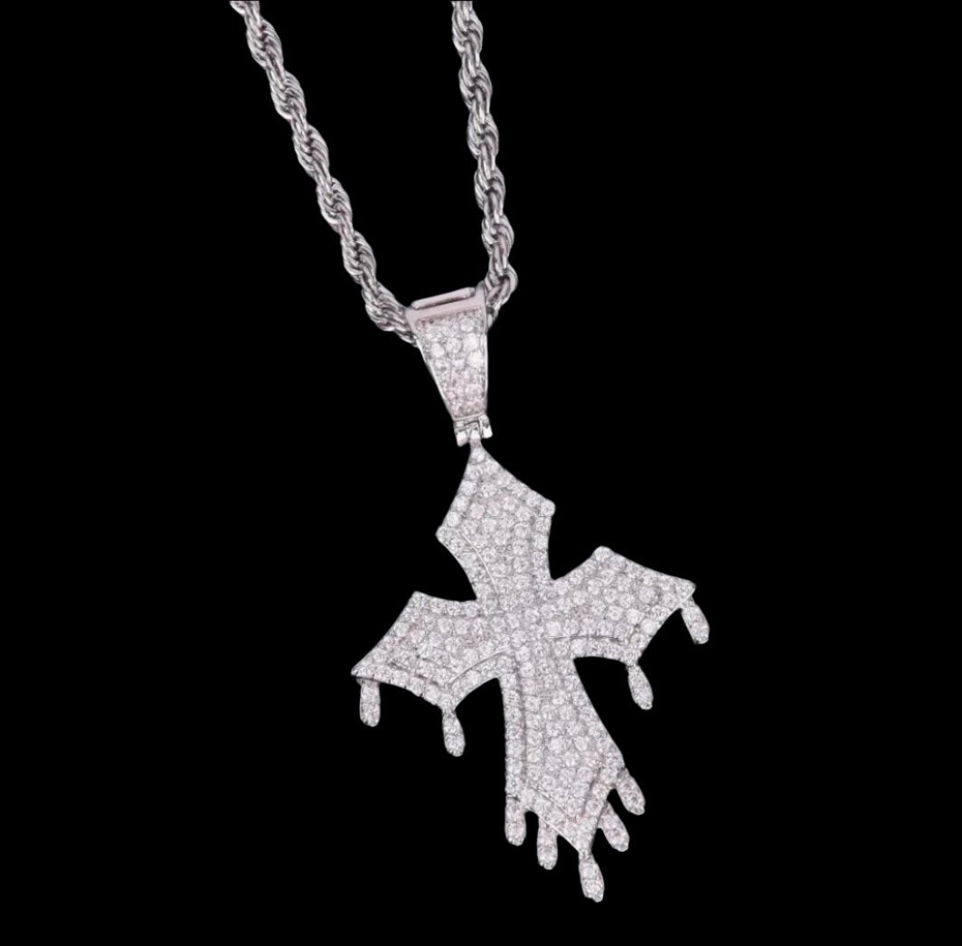 18K Gold Diamond Dripping Vintage Cross Necklace