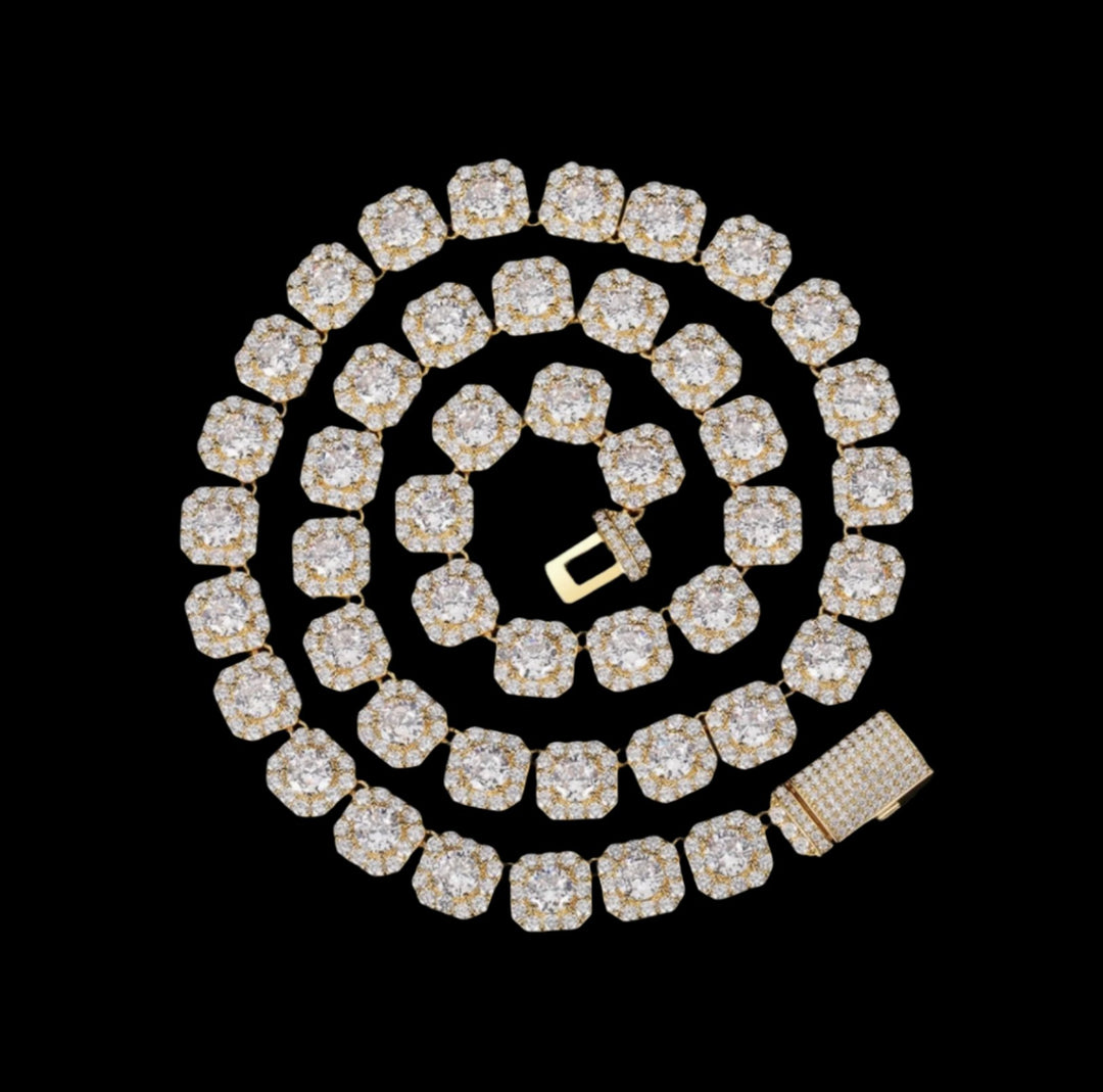 10mm 18k Gold Diamond Clustered Tennis Chain