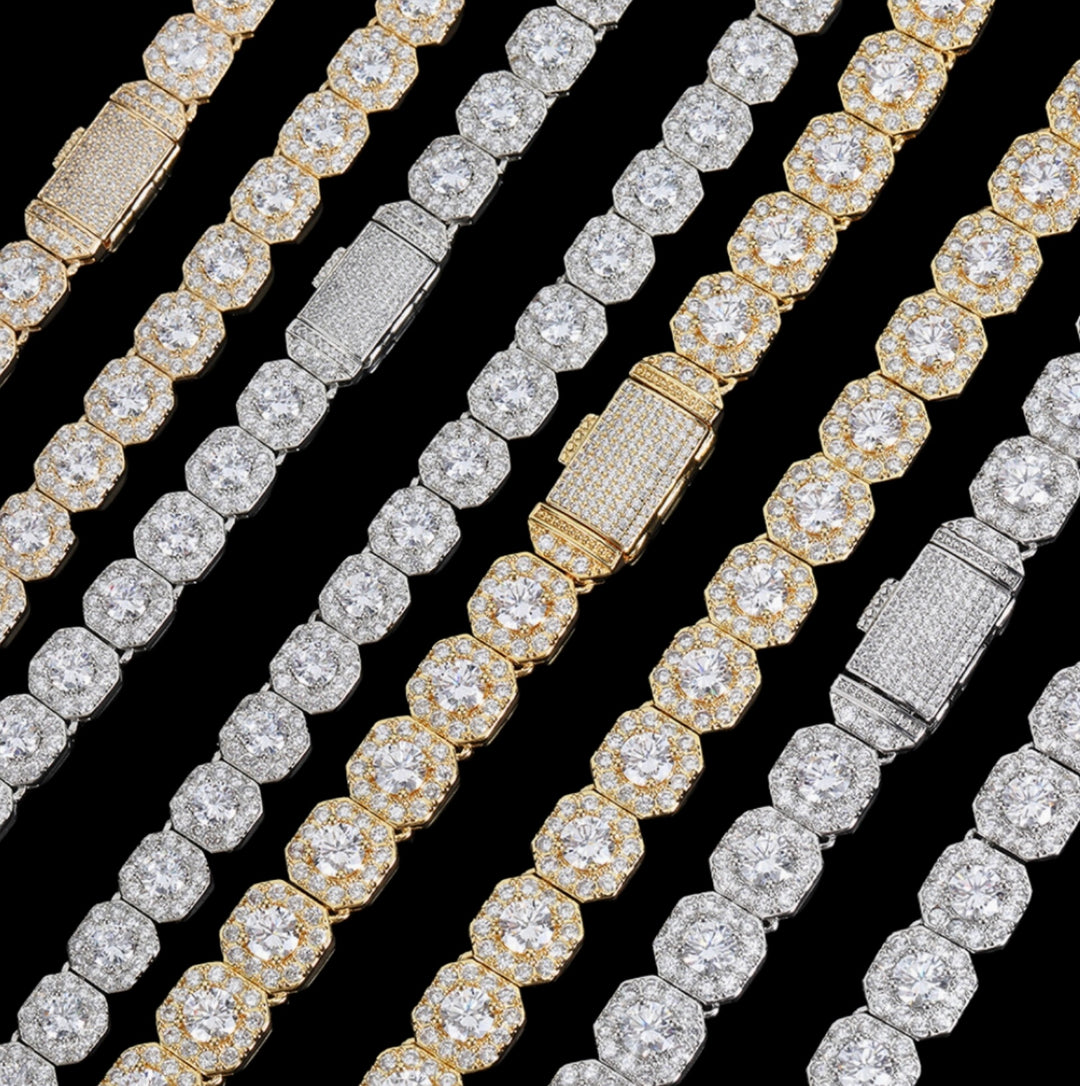 10mm 18k Gold Diamond Clustered Tennis Chain