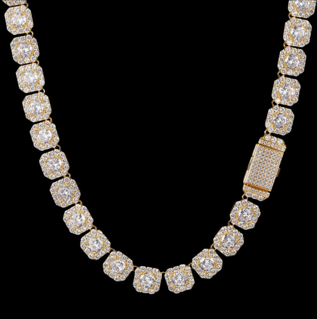 10mm 18k Gold Diamond Clustered Tennis Chain