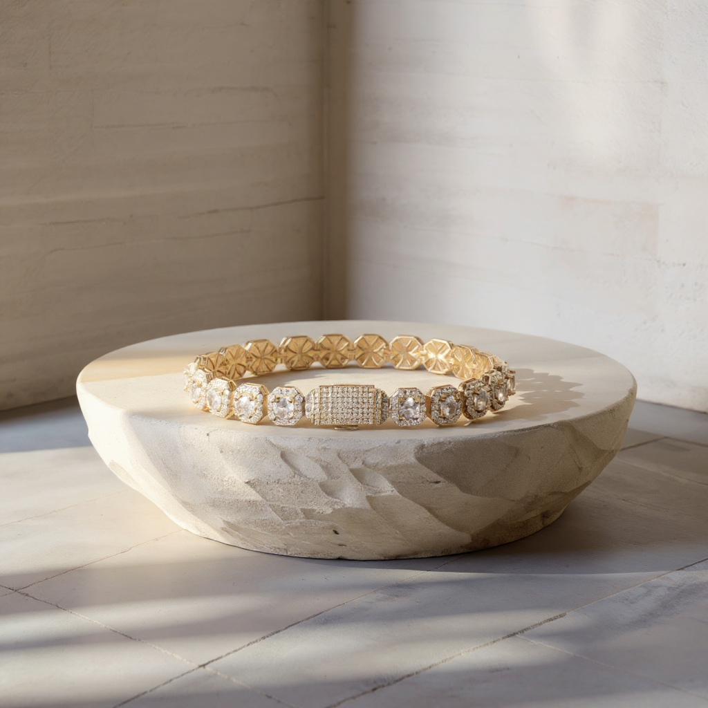 10mm 18k Gold Diamond Clustered Tennis Chain Bracelet