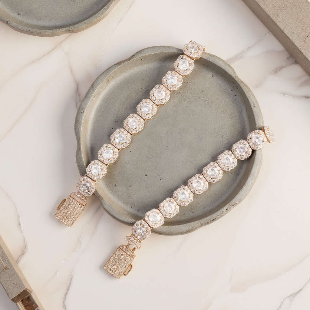 10mm 18k Gold Diamond Clustered Tennis Chain Bracelet